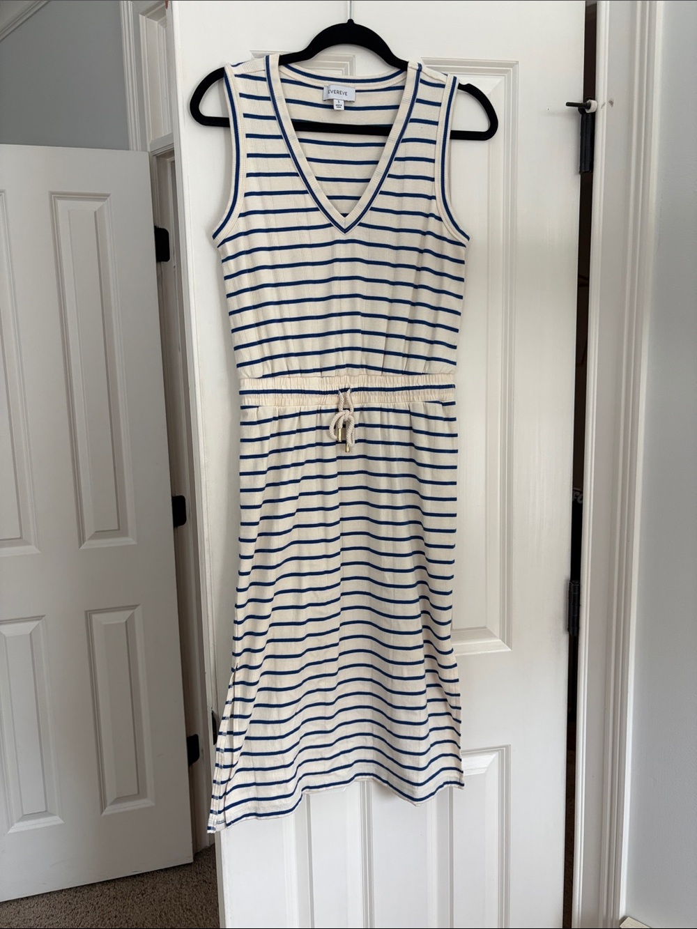 Evereve Blueand White Striped V-Neck Drawstring waist Midi Dress